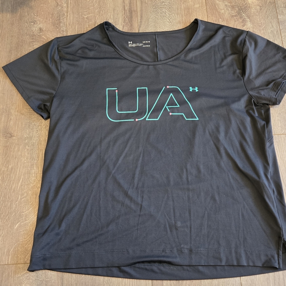 Under Armour Grey Tee with Teal Logo Heat gear Drywick Tshirt Large Breathable